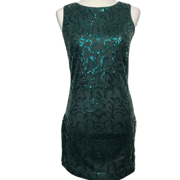 NEW VINCE CAMUTO 2 Sequins Emerald Green Shift Mini Sleeveless Dress - Picture 2 of 10